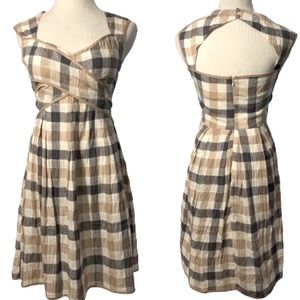 Beige and Brown Plaid Cap Sleeve Dress